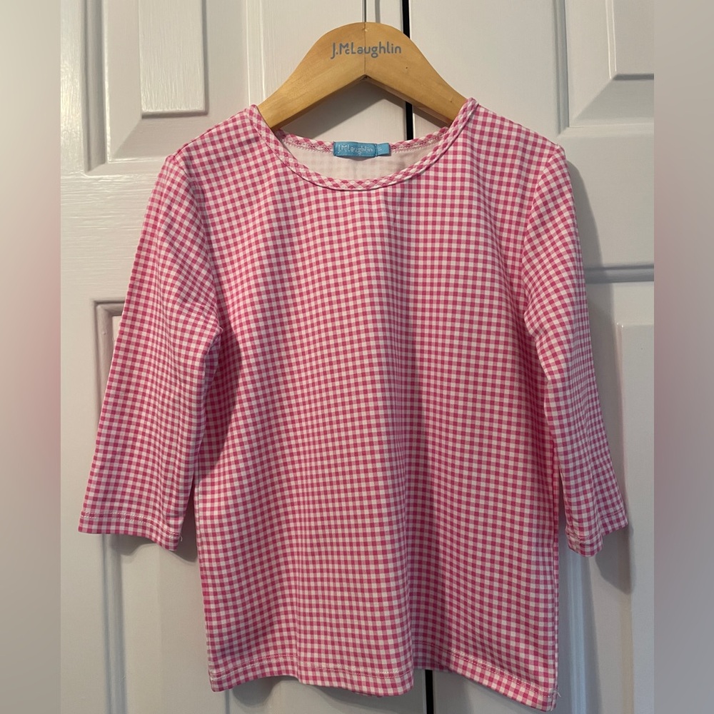 J. McLaughlin Girls pink gingham 3/4 sleeve Catalina cloth top